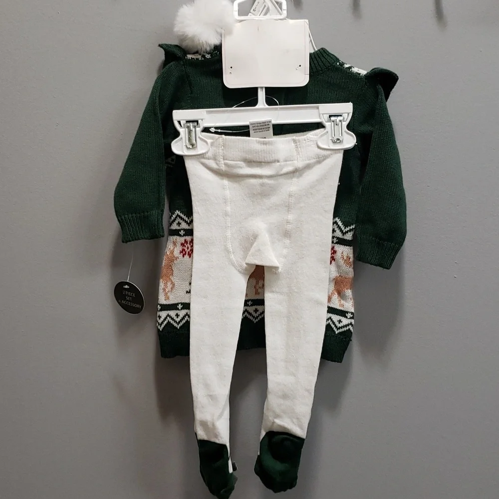 Nicole Miller NWT 3-piece Set, Sweater Dress, Tights and Hat, 0-3 months